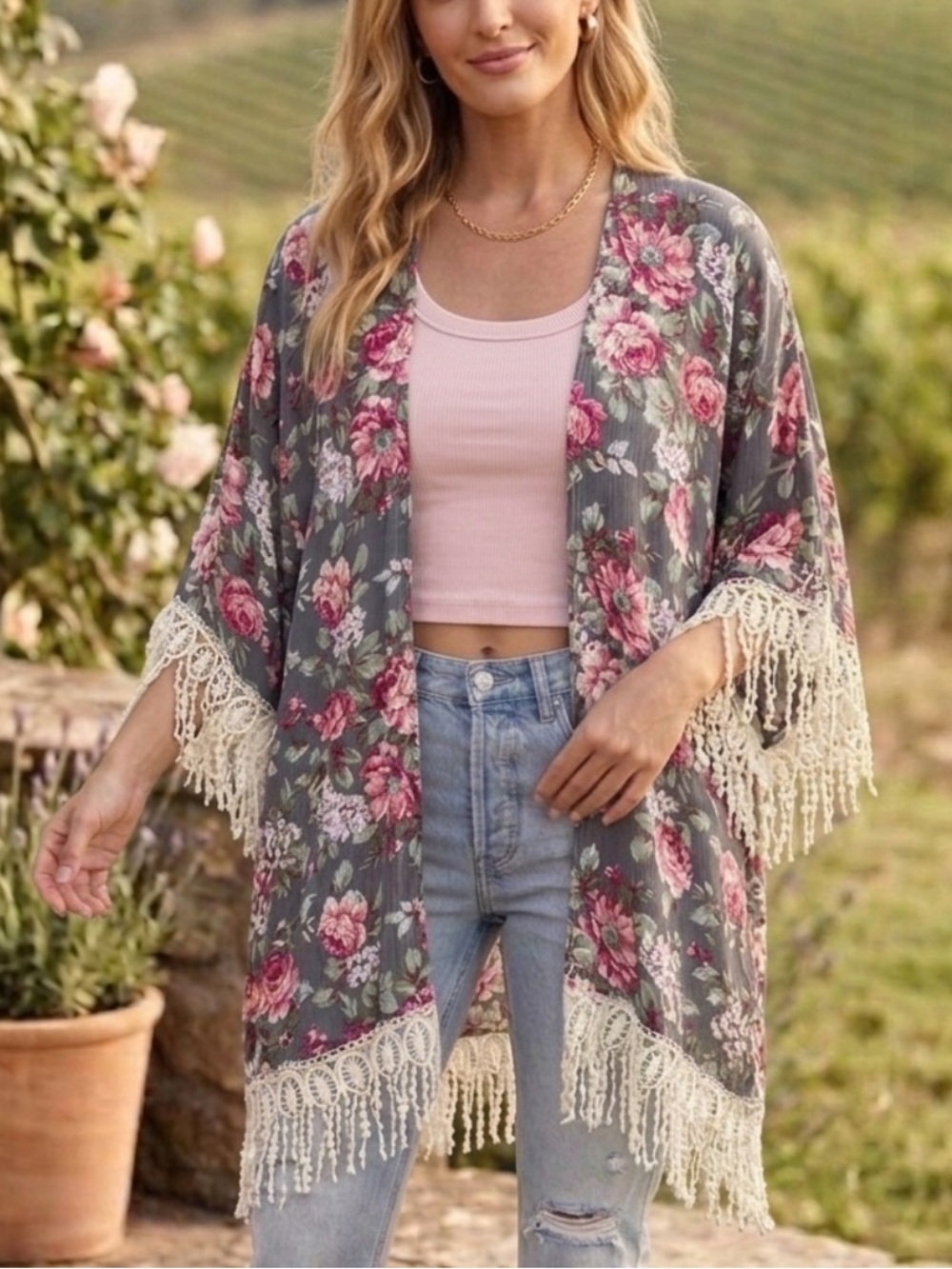 Umgee Floral Fringe Kimono Cardigan Size Boho Grey Open Front Festival XL 1XL